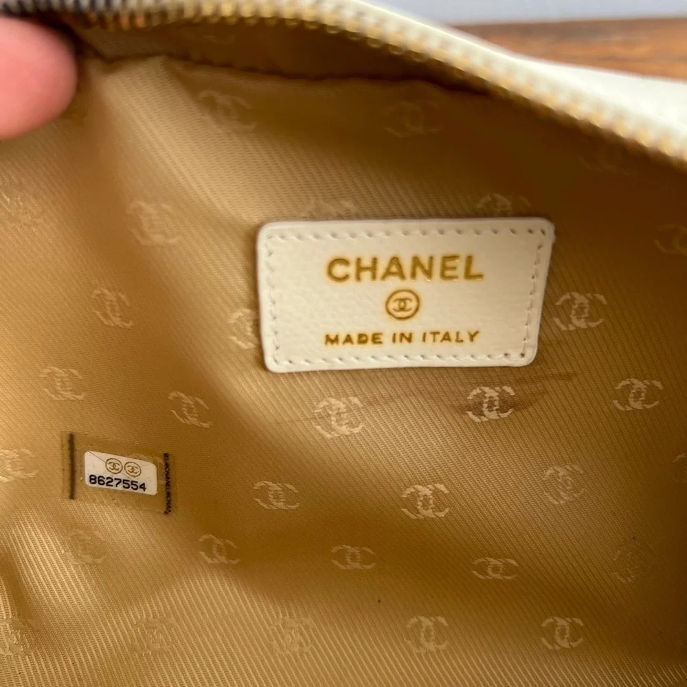 CHANEL Pouch Cosmetic Bag Purse Coco Button Leather Ivory Authentic.
